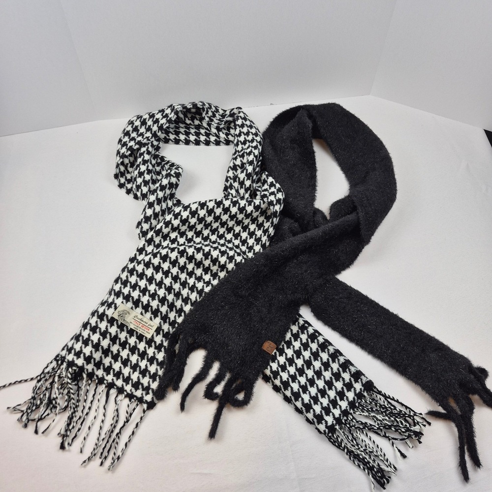 Cashmere‎ Feel Houndstooth Scarf + C.C. Black Fuzzy Infinity Winter Scarf Bundle